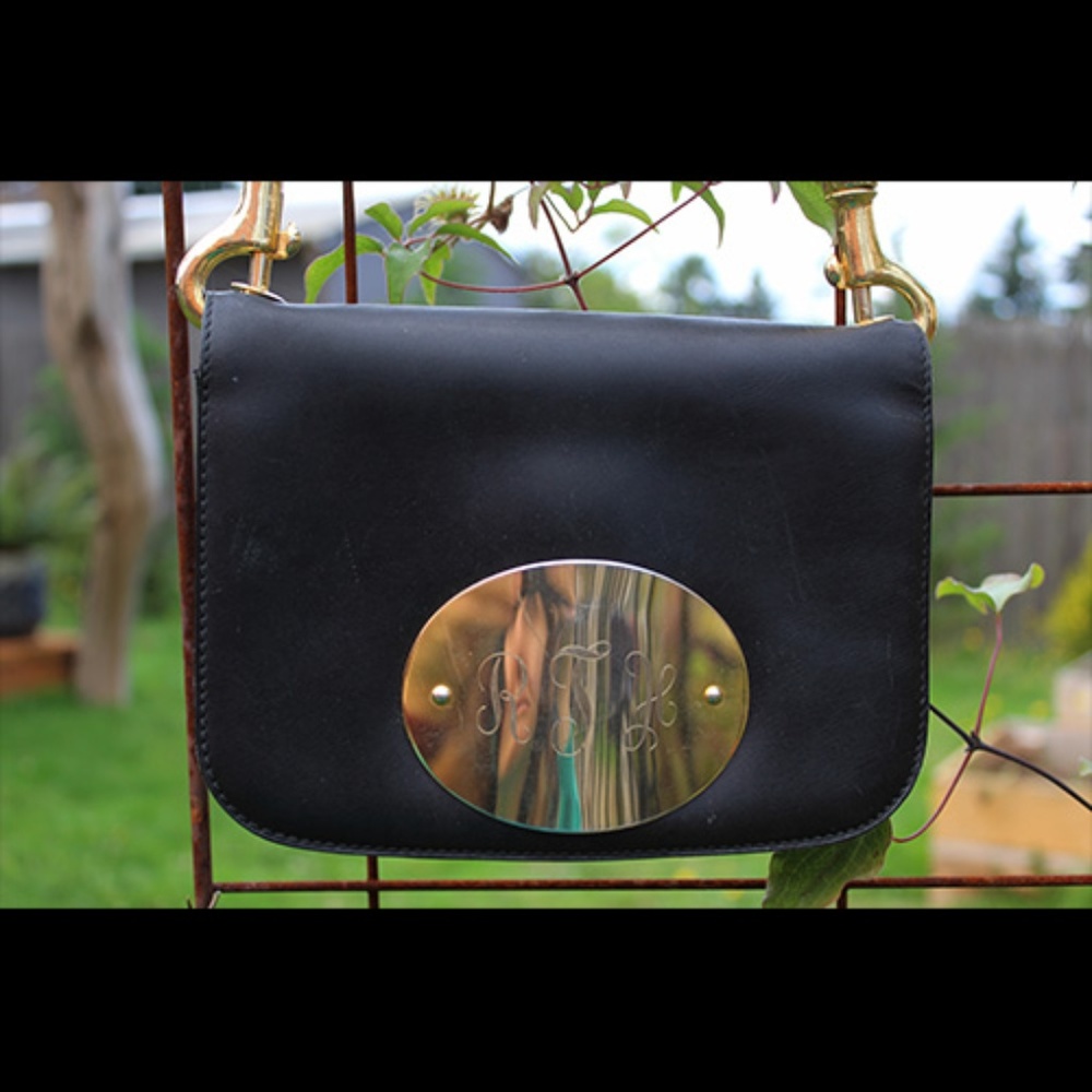 Vintage Black Leather Purse with Gold Emblem